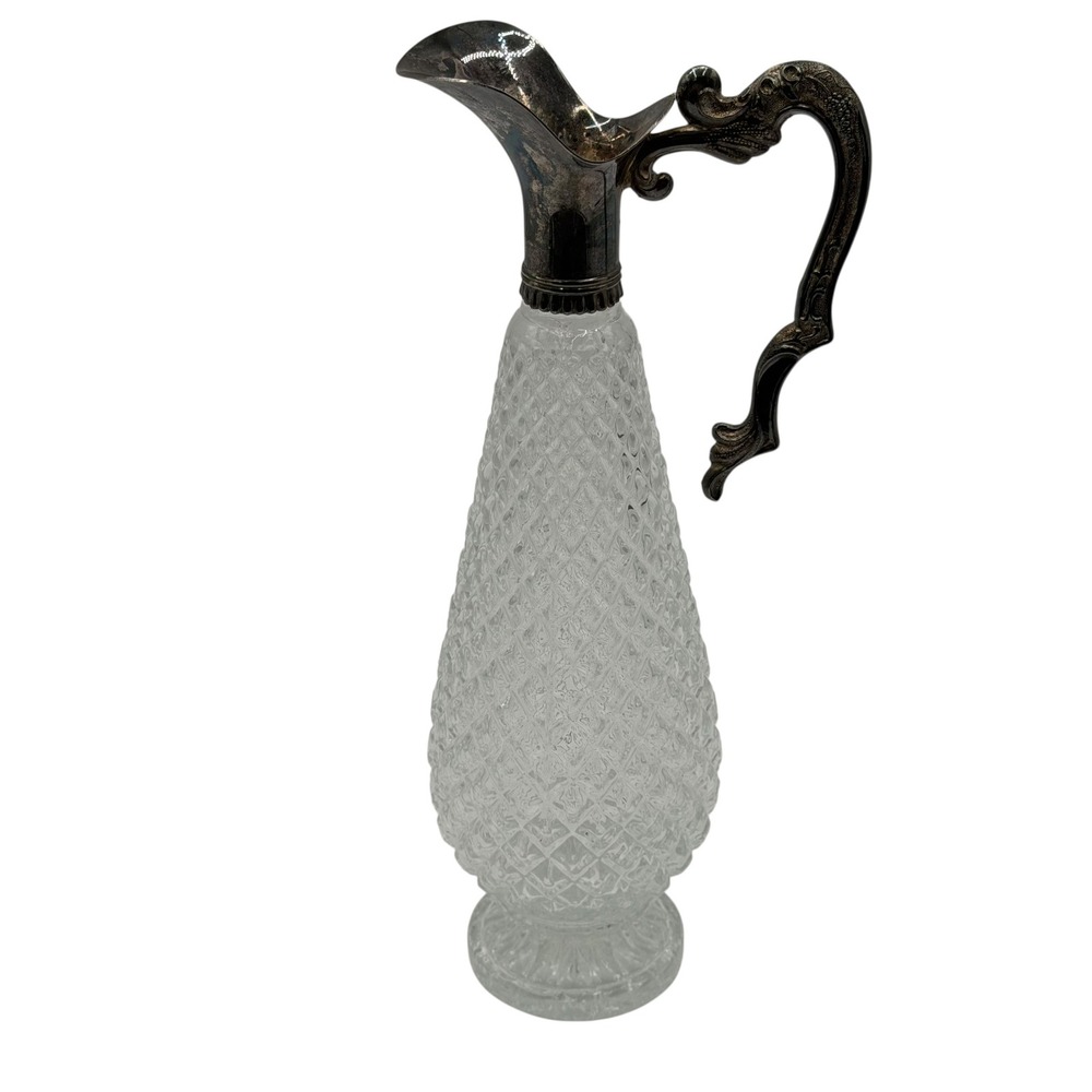 Vintage Diamond Cut Crystal Claret‎ Ornate Silver Tone Handle Decanter Pitcher